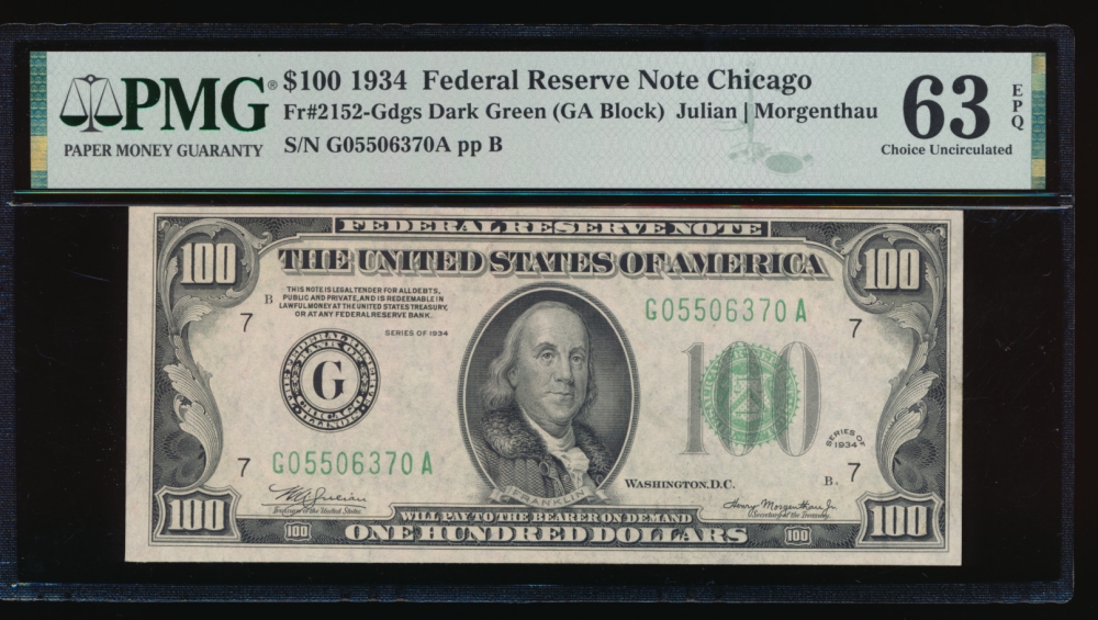Fr. 2152-G 1934 $100  Federal Reserve Note Chicago PMG 63EPQ G05506370A