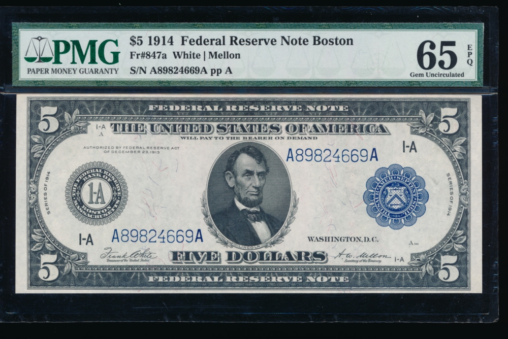 Fr. 847a 1914 $5  Federal Reserve Note Boston PMG 65EPQ A89824669A