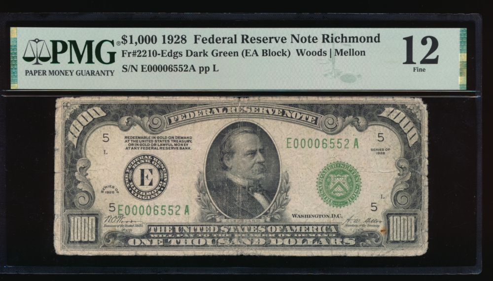 Fr. 2210-E 1928 $1,000  Federal Reserve Note Richmond PMG 12 E00006552A