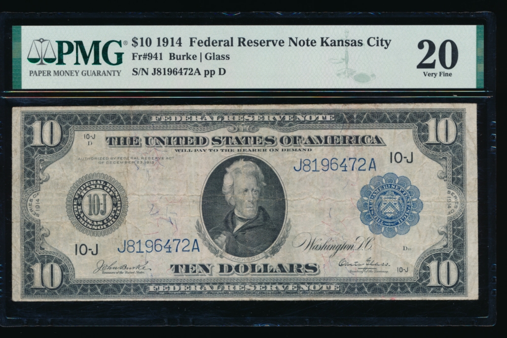 Fr. 941 1914 $10  Federal Reserve Note Kansas City PMG 20 J8196472A