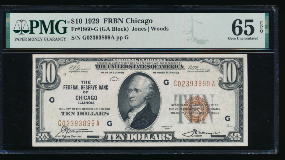 Fr. 1860-G 1929 $10  FRBN Chicago PMG 65EPQ G02393899A