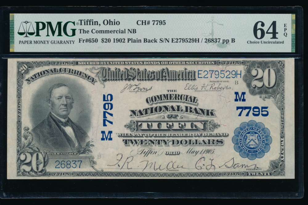 Fr. 650 1902 $20  National: Plain Back Ch #7795 The Commercial National Bank of Tiffin, Ohio PMG 64EPQ 26837