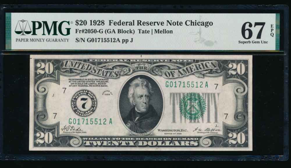 Fr. 2050-G 1928 $20  Federal Reserve Note Chicago PMG 67EPQ G01715512A obverse