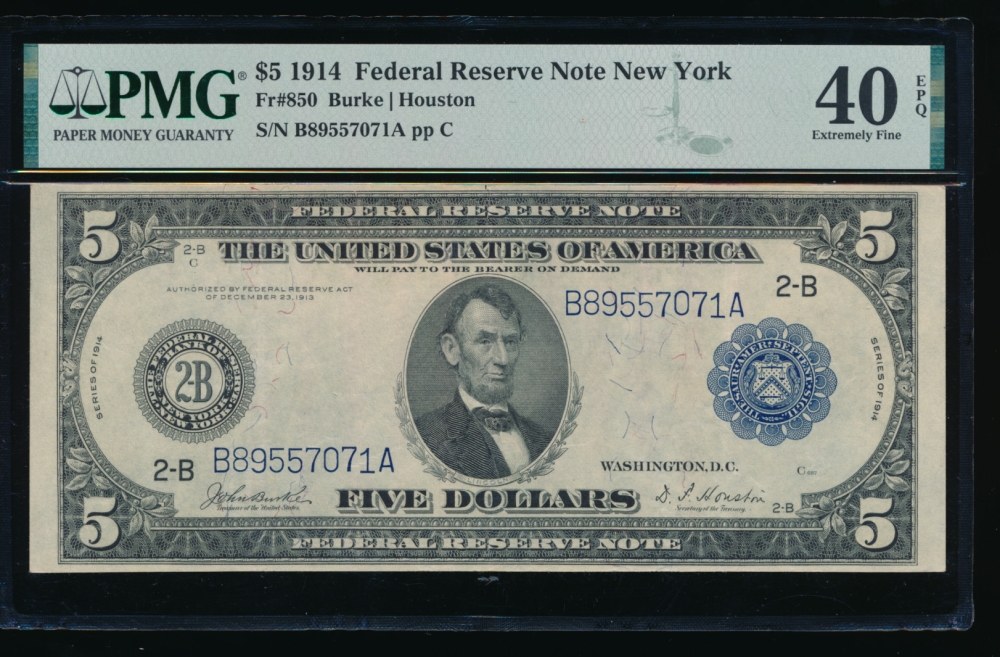 Fr. 850 1914 $5  Federal Reserve Note New York PMG 40EPQ B89557071A
