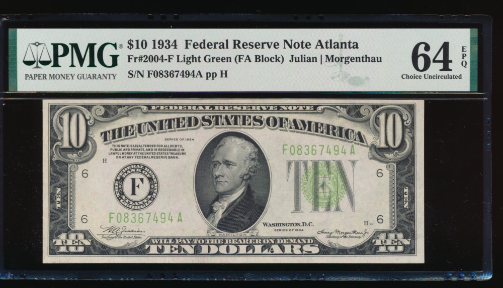Fr. 2004-F 1934 $10  Federal Reserve Note Atlanta LGS PMG 64EPQ F08367494A