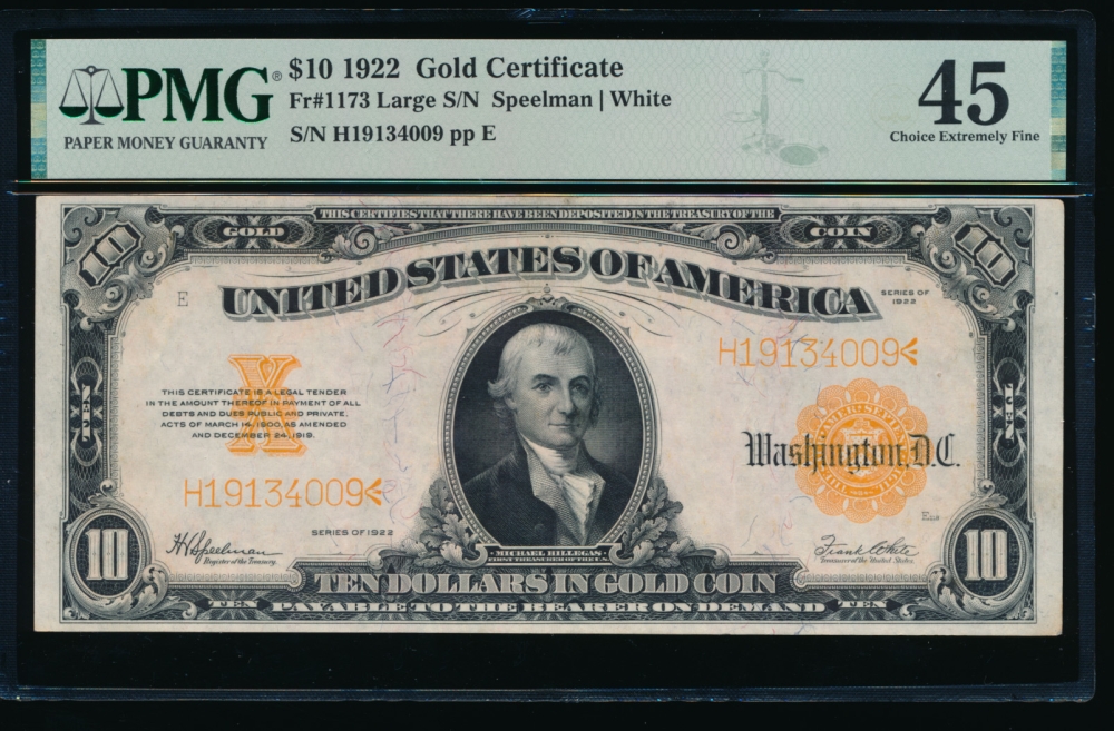 Fr. 1173 1922 $10  Gold Certificate  PMG 45 H19134009
