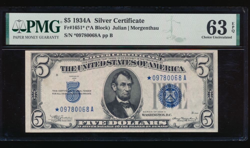 Fr. 1651 1934A $5  Silver Certificate *A block PMG 63EPQ *09780068A