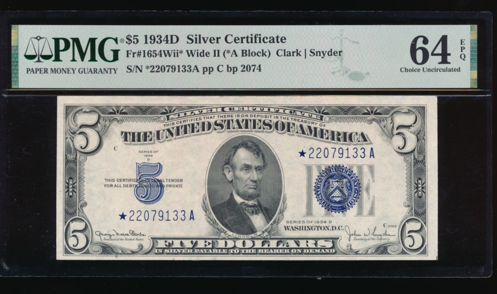 Fr. 1654 1934D $5  Silver Certificate Wide II, *A block PMG 64EPQ *22079133A