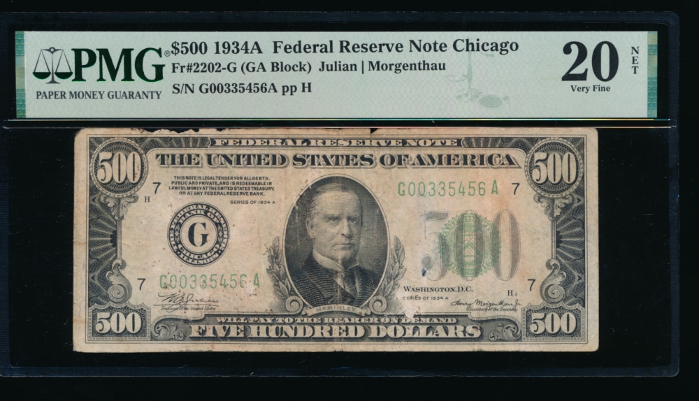 Fr. 2202-G 1934A $500  Federal Reserve Note Chicago PMG 20NET G00335456A