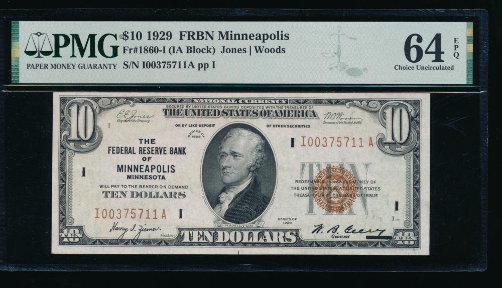 Fr. 1860-I 1929 $10  FRBN Minneapolis PMG 64EPQ I00375711A