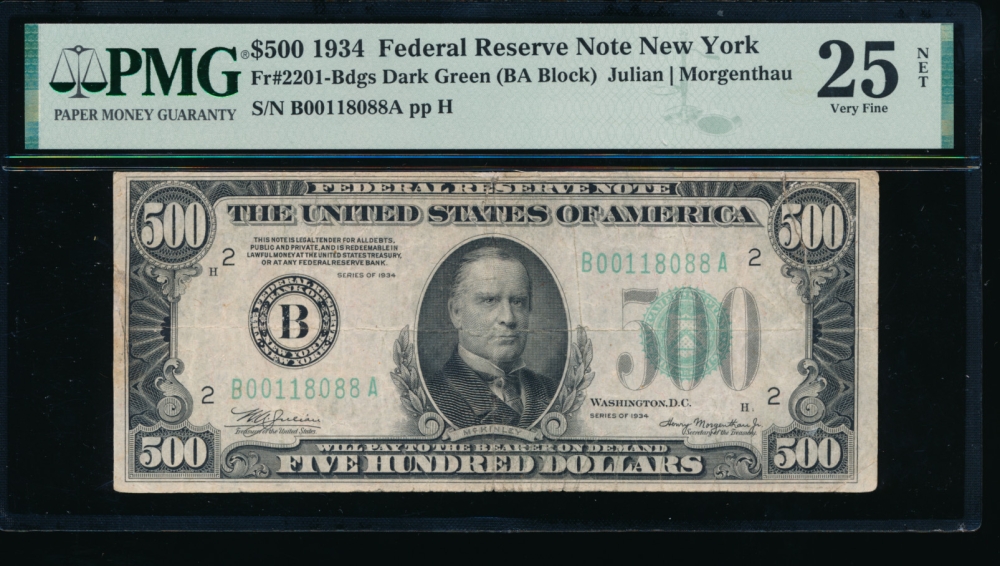 Fr. 2201-B 1934 $500  Federal Reserve Note New York PMG 25NET B00118088A