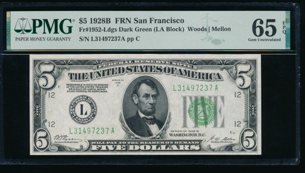 Fr. 1952-L 1928B $5  Federal Reserve Note San Francisco PMG 65EPQ L31497237A