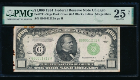 Fr. 2211-G 1934 $1,000  Federal Reserve Note Chicago LGS PMG 25NET G00051212A
