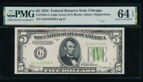 Fr. 1955-G 1934 $5  Federal Reserve Note Chicago LGS PMG 64EPQ G03452938A