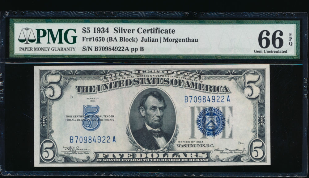 Fr. 1650 1934 $5  Silver Certificate BA block PMG 66EPQ B70984922A