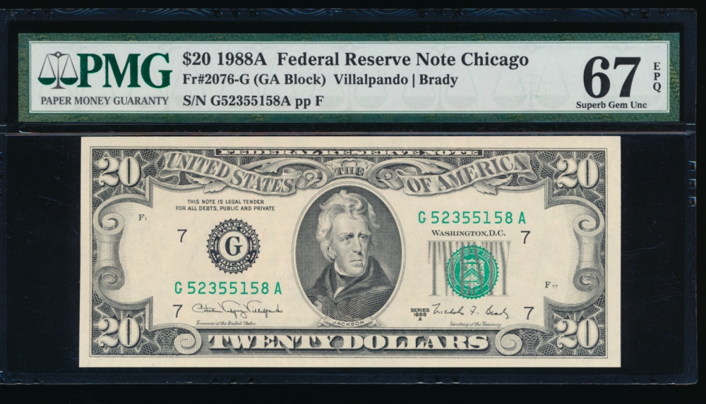 Fr. 2076-G 1988A $20  Federal Reserve Note Chicago PMG 67EPQ G52355158A