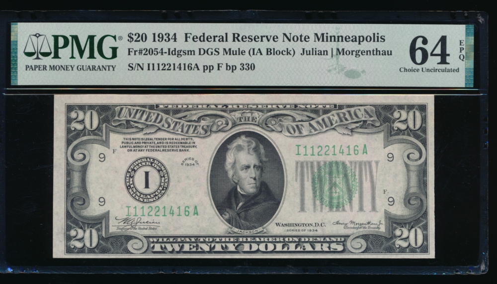 Fr. 2054-I 1934 $20  Federal Reserve Note Minneapolis mule PMG 64EPQ I11221416A