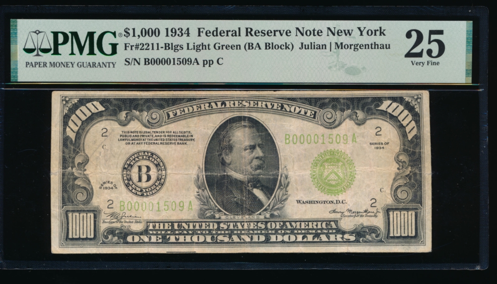 Fr. 2211-B 1934 $1,000  Federal Reserve Note New York LGS PMG 25 comment B00001509A