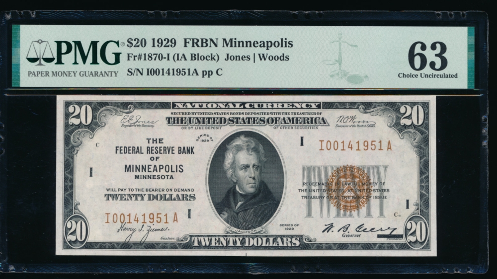 Fr. 1870-I 1929 $20  FRBN Minneapolis PMG 63 I00141951A