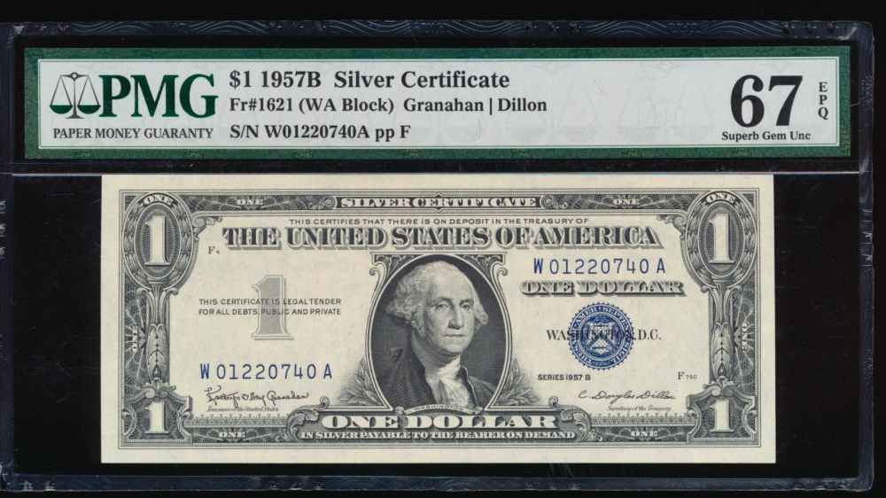 Fr. 1621 1957B $1  Silver Certificate WA block PMG 67EPQ W01220740A