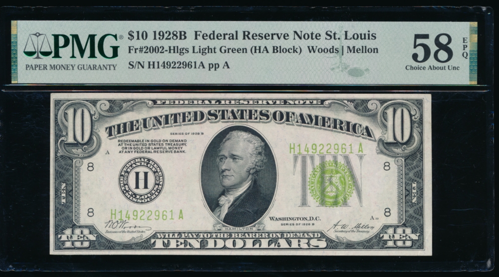 Fr. 2002-H 1928B $10  Federal Reserve Note Saint Louis LGS PMG 58EPQ H14922961A