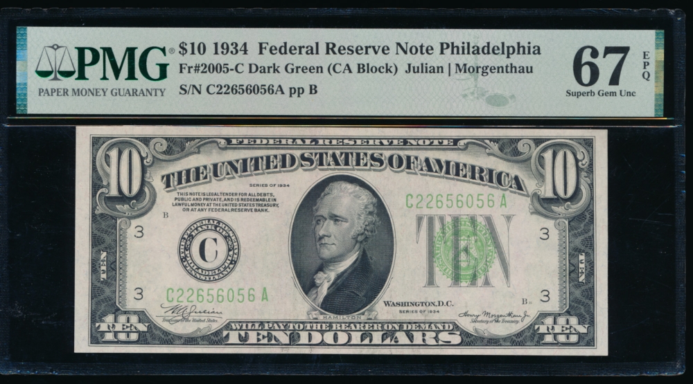 Fr. 2005-C 1934 $10  Federal Reserve Note Philadelphia PMG 67EPQ C22656056A