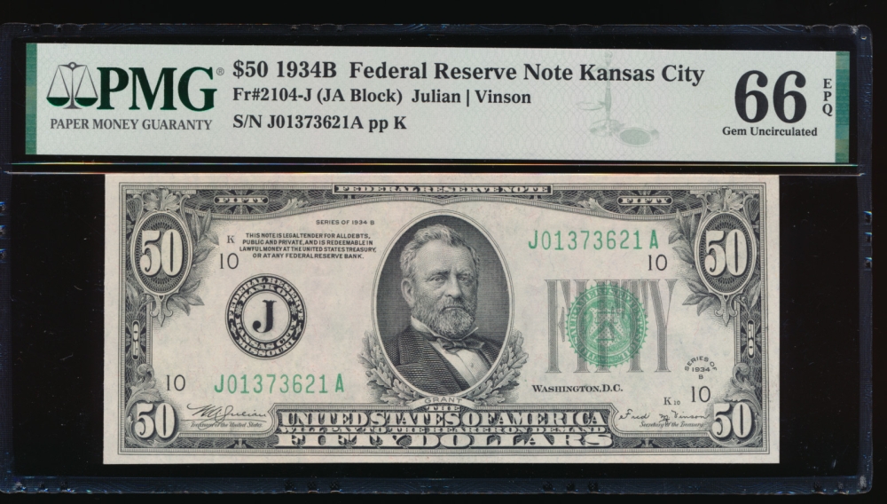 Fr. 2104-J 1934B $50  Federal Reserve Note Kansas City PMG 66EPQ J01373621A