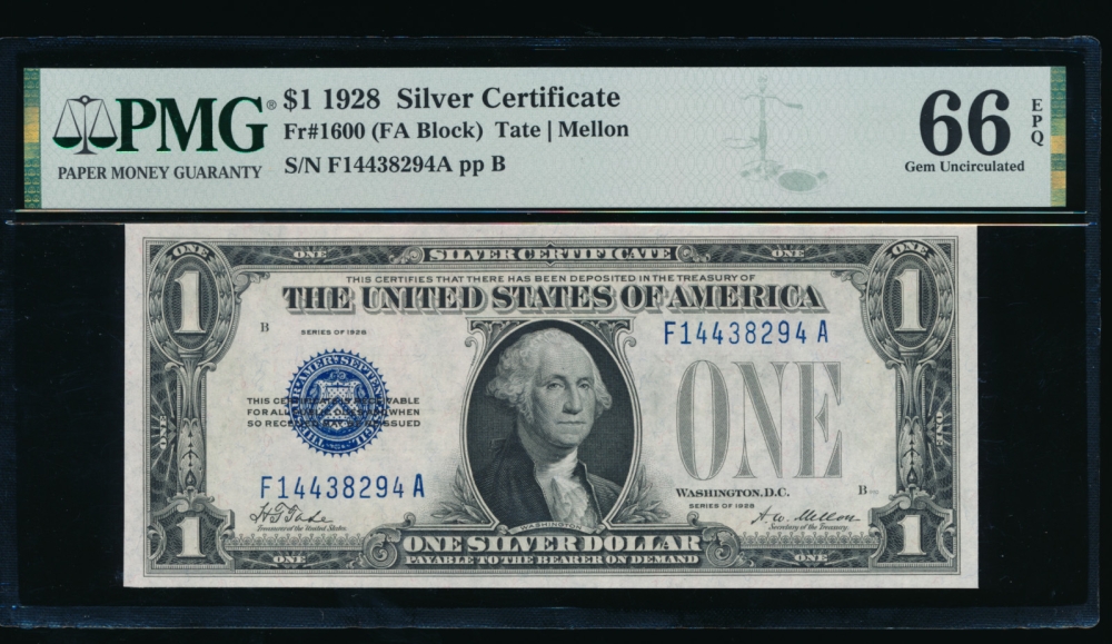 Fr. 1600 1928 $1  Silver Certificate FA block PMG 66EPQ F14438294A