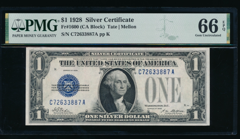 Fr. 1600 1928 $1  Silver Certificate CA block PMG 66EPQ C72633887A
