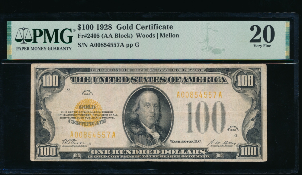 Fr. 2405 1928 $100  Gold Certificate  PMG 20 A00854557A