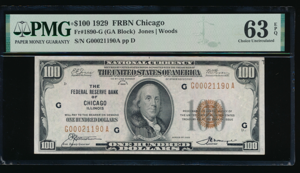 Fr. 1890-G 1929 $100  FRBN Chicago PMG 63EPQ G00021190A