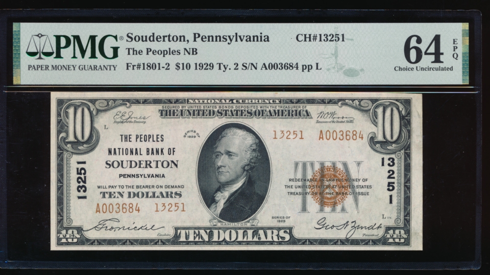 Fr. 1801-2 1929 $10  National: Type II Ch #13251 The Peoples National Bank of Souderton, Pennsylvania PMG 64EPQ A003684