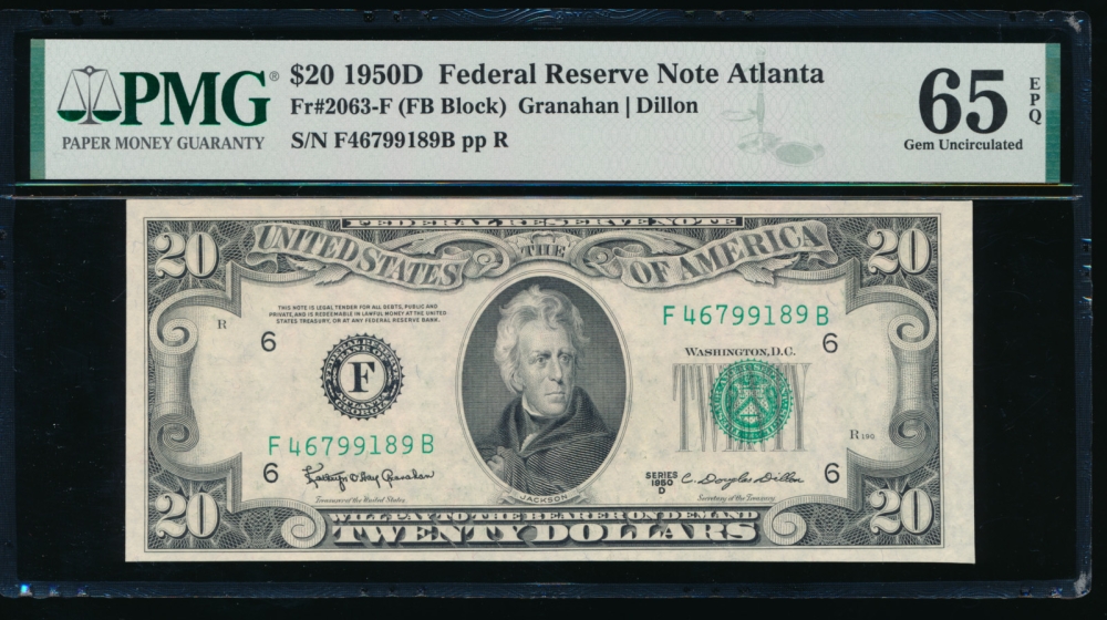 Fr. 2063-F 1950D $20  Federal Reserve Note Atlanta PMG 65EPQ F46799189A