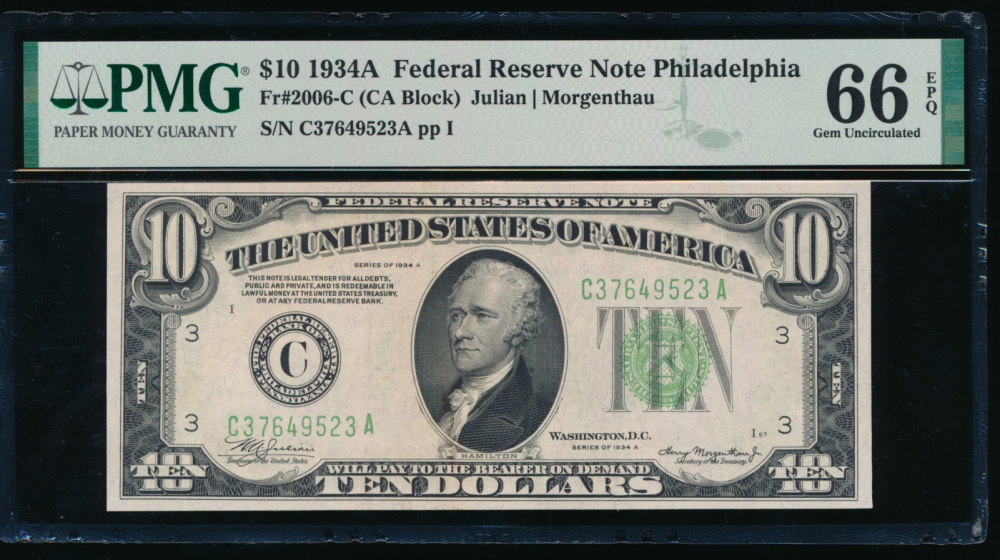 Fr. 2006-C 1934A $10  Federal Reserve Note Philadelphia PMG 66EPQ C37649523A