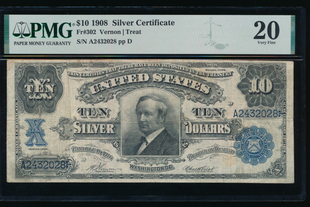 Fr. 302 1908 $10  Silver Certificate  PMG 20 comment A2432028