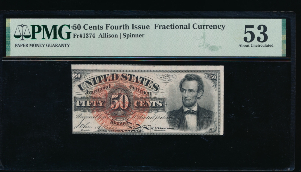 Fr. 1374 1864 $0.50  Fractional Fourth Issue: Lincoln PMG 53 no serial number