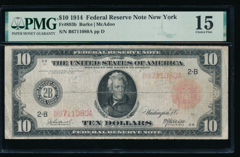 Fr. 893b 1914 $10  Federal Reserve Note New York Red Seal PMG 15 B6711080A