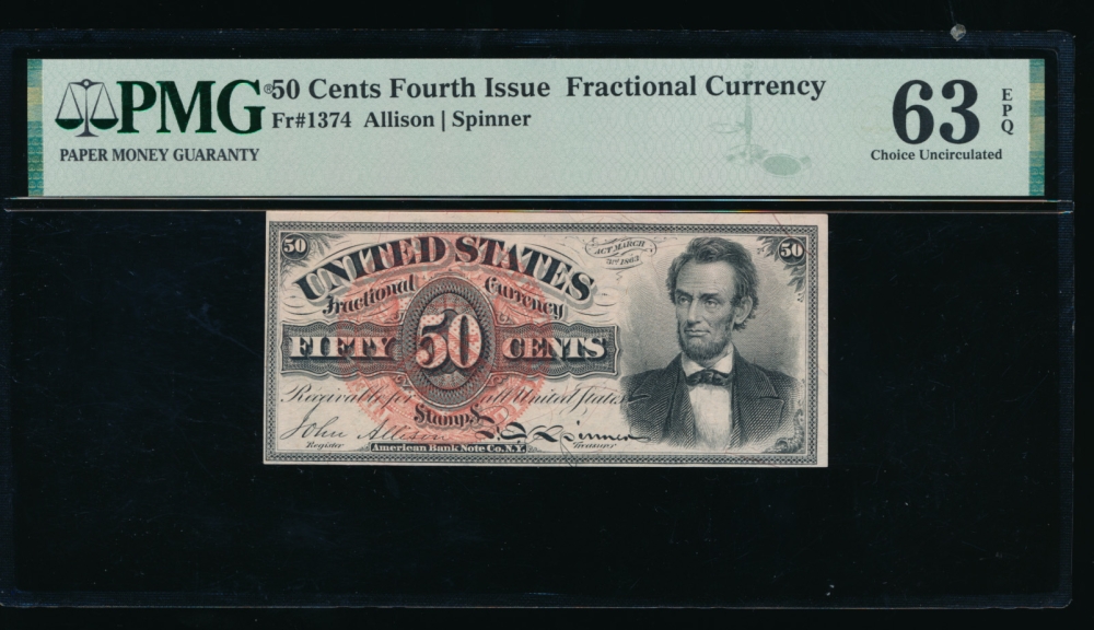 Fr. 1374 1864 $0.50  Fractional Fourth Issue: Lincoln PMG 63EPQ no serial number