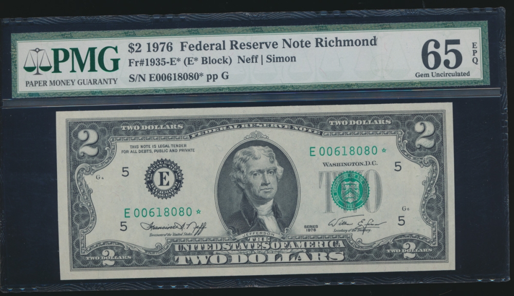 Fr. 1935-E 1976 $2  Federal Reserve Note Richmond star PMG 65EPQ E00618080*
