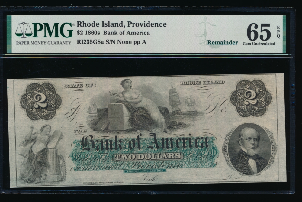 Fr. RI-235 G8a 1860s $2  Obsolete Bank of America, Rhode Island PMG 65EPQ no serial number