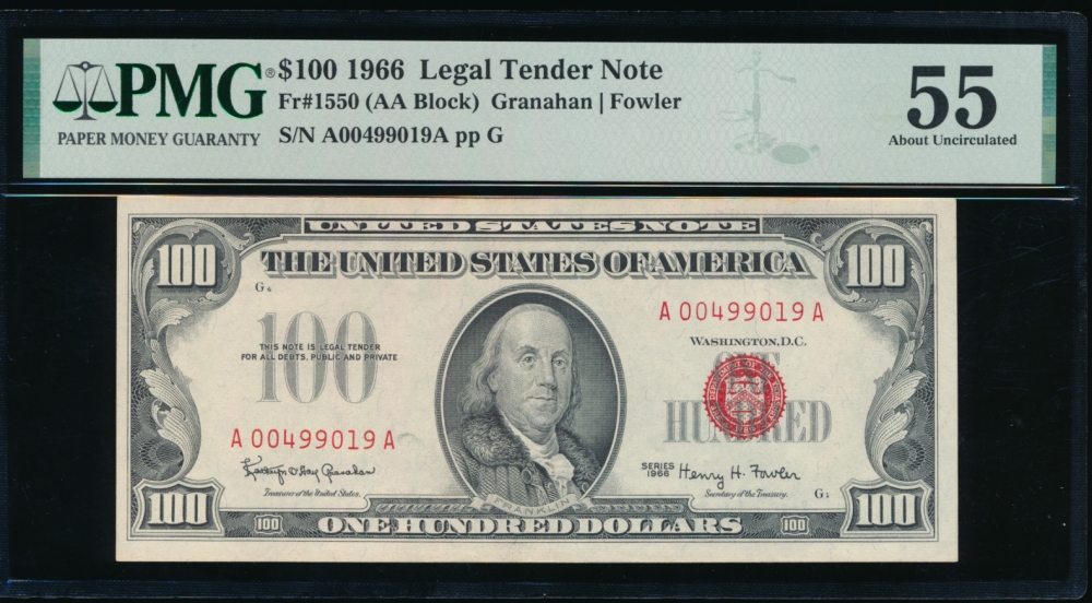Fr. 1550 1966 $100  Legal Tender AA block PMG 55 A00499019A