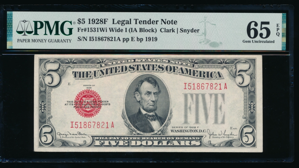 Fr. 1531 1928F $5  Legal Tender Wide I, IA block PMG 65EPQ I51867821A