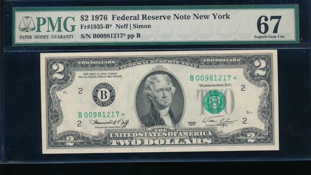 Fr. 1935-B 1976 $2  Federal Reserve Note New York star PMG 67EPQ B00981217*