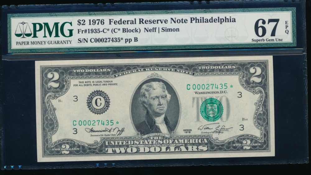 Fr. 1935-C 1976 $2  Federal Reserve Note Philadelphia star PMG 67EPQ C00027435*