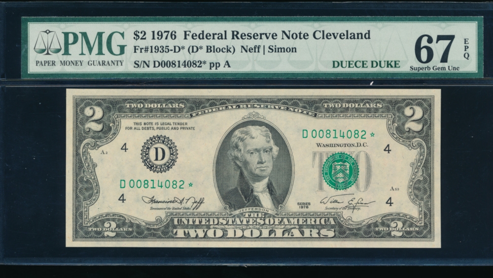 Fr. 1935-D 1976 $2  Federal Reserve Note Cleveland star PMG 67EPQ D00814082*