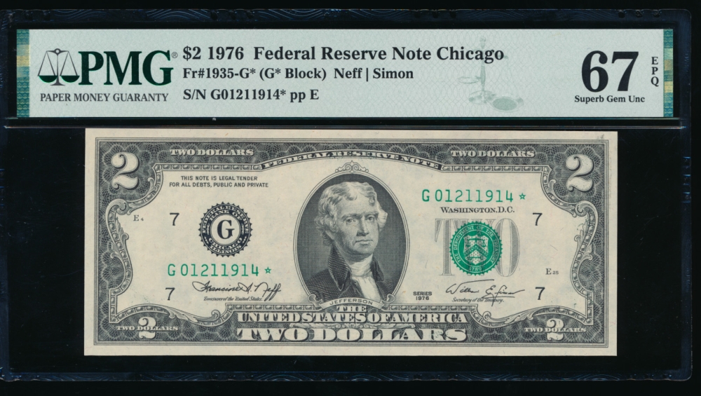 Fr. 1935-G 1976 $2  Federal Reserve Note Chicago star PMG 67EPQ G01211914*