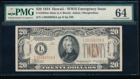 Fr. 2304 1934 $20  Hawaii mule PMG 64 L30566026A