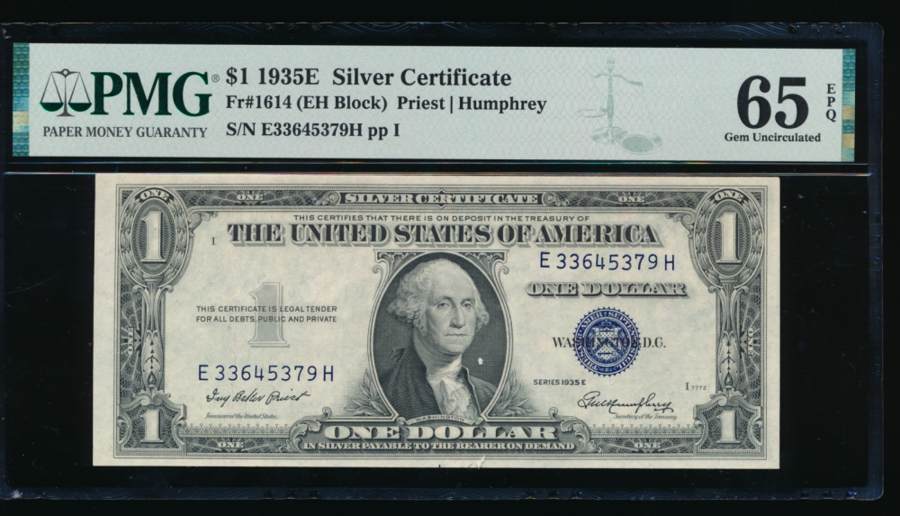 Fr. 1614 1935E $1  Silver Certificate EH block PMG 65EPQ E33645379H