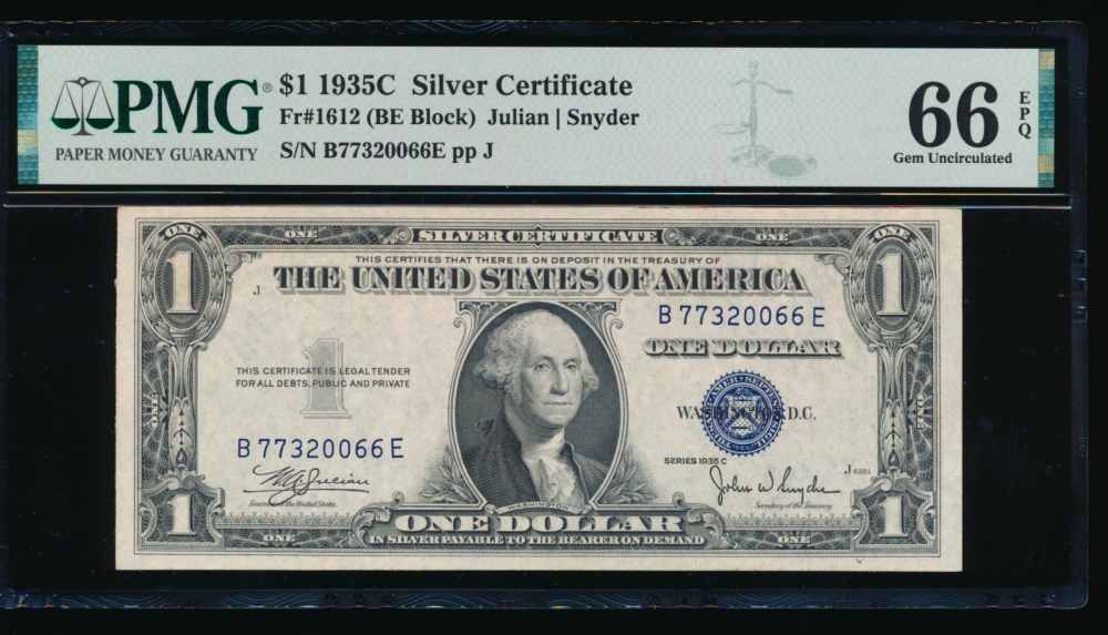 Fr. 1612 1935C $1  Silver Certificate BE block PMG 66EPQ B77320066E