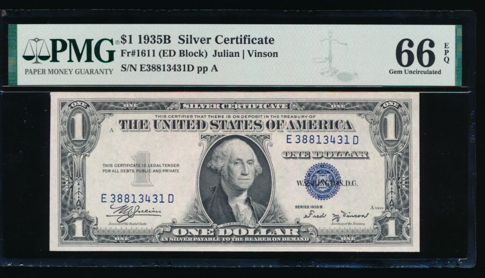 Fr. 1611 1935B $1  Silver Certificate ED block PMG 66EPQ E38813431D